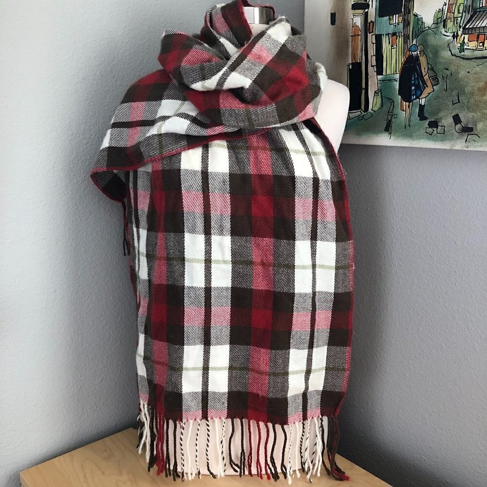 Brooklyn Industries Fringe Scarf Unisex Brown Red Cream Plaid 68" Long